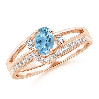 6x4mm A Oval Swiss Blue Topaz and Diamond Wedding Band Ring Set in Rose Gold