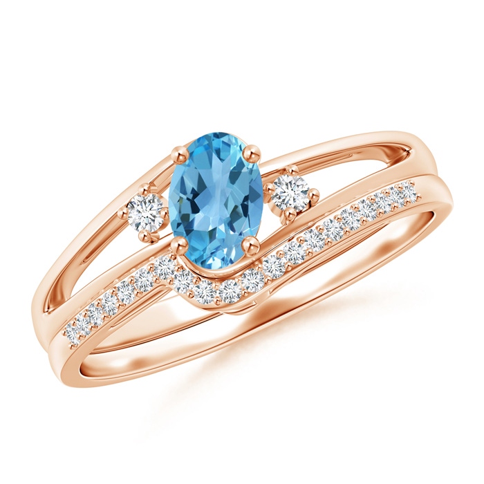 6x4mm AA Oval Swiss Blue Topaz and Diamond Wedding Band Ring Set in Rose Gold 