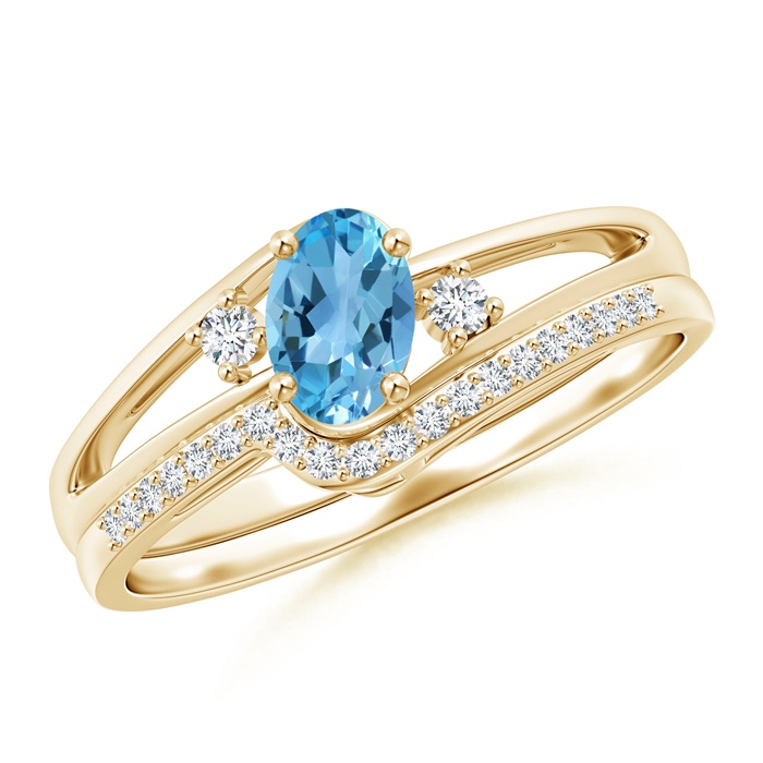 6x4mm AA Oval Swiss Blue Topaz and Diamond Wedding Band Ring Set in Yellow Gold 