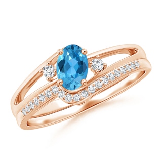 6x4mm AAA Oval Swiss Blue Topaz and Diamond Wedding Band Ring Set in Rose Gold