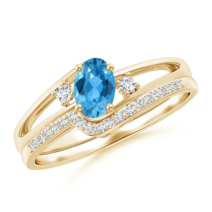 6x4mm AAA Oval Swiss Blue Topaz and Diamond Wedding Band Ring Set in Yellow Gold 