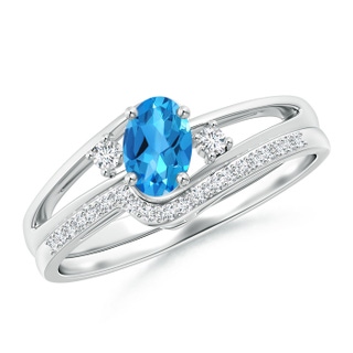 6x4mm AAAA Oval Swiss Blue Topaz and Diamond Wedding Band Ring Set in P950 Platinum