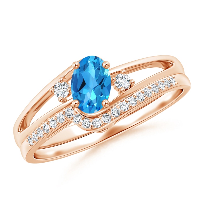 6x4mm AAAA Oval Swiss Blue Topaz and Diamond Wedding Band Ring Set in Rose Gold
