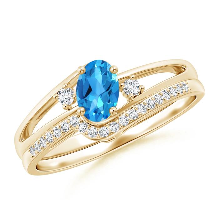 6x4mm AAAA Oval Swiss Blue Topaz and Diamond Wedding Band Ring Set in Yellow Gold
