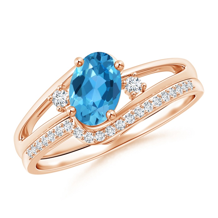 7x5mm AAA Oval Swiss Blue Topaz and Diamond Wedding Band Ring Set in Rose Gold 