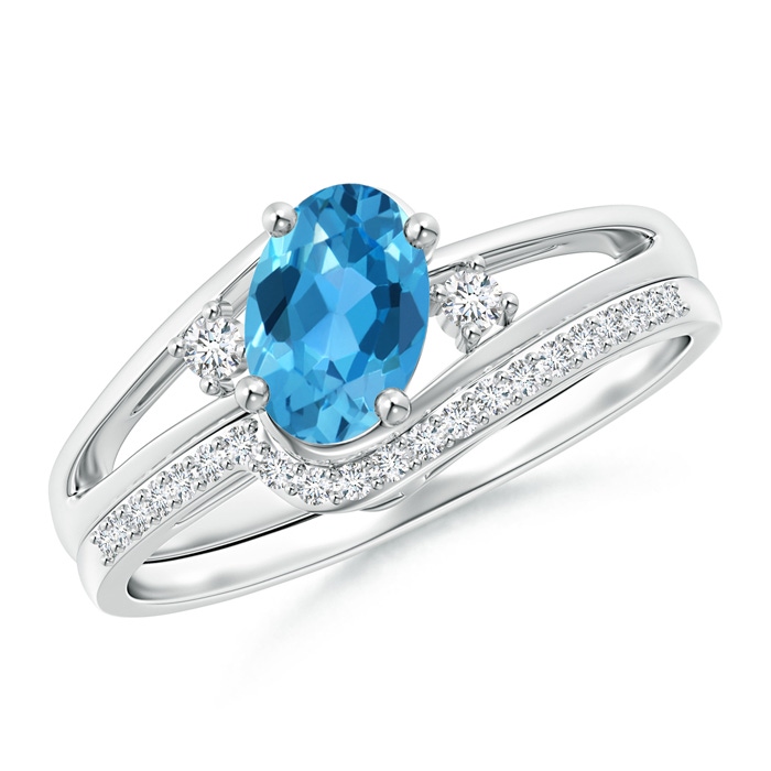7x5mm AAA Oval Swiss Blue Topaz and Diamond Wedding Band Ring Set in White Gold