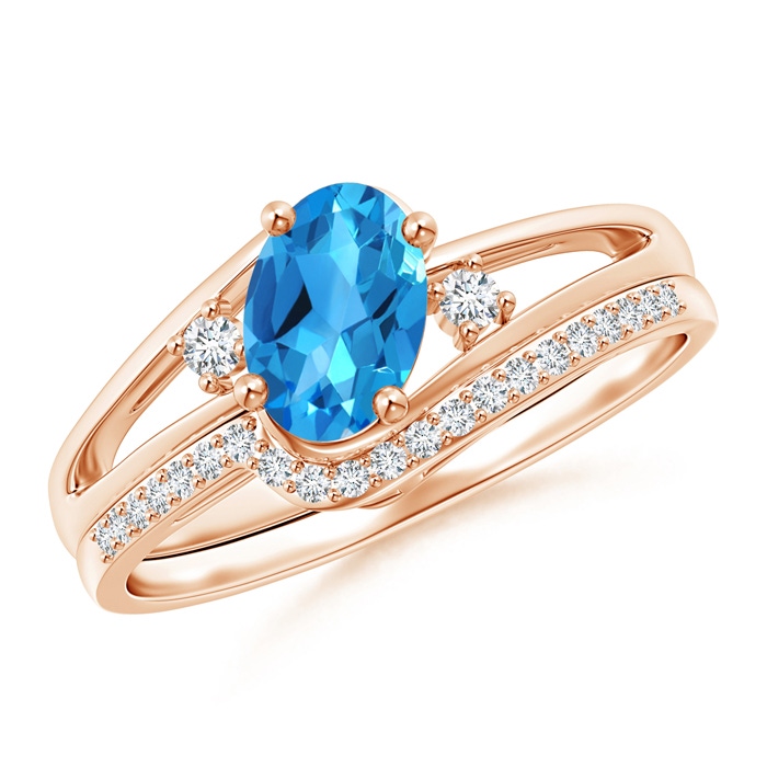7x5mm AAAA Oval Swiss Blue Topaz and Diamond Wedding Band Ring Set in Rose Gold 