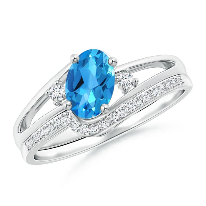 Oval Swiss Blue Topaz and Diamond Wedding Ring Ring Set | Angara