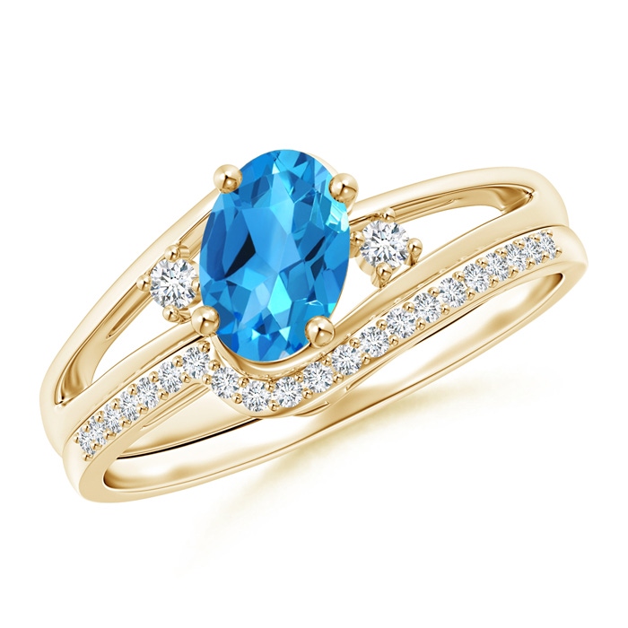 7x5mm AAAA Oval Swiss Blue Topaz and Diamond Wedding Band Ring Set in Yellow Gold 