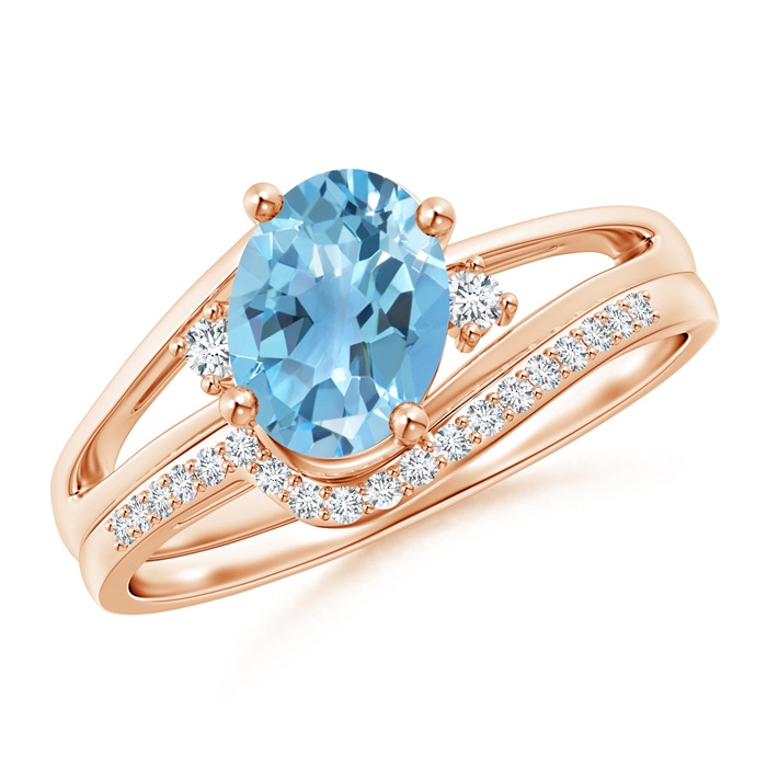 8x6mm A Oval Swiss Blue Topaz and Diamond Wedding Band Ring Set in Rose Gold 