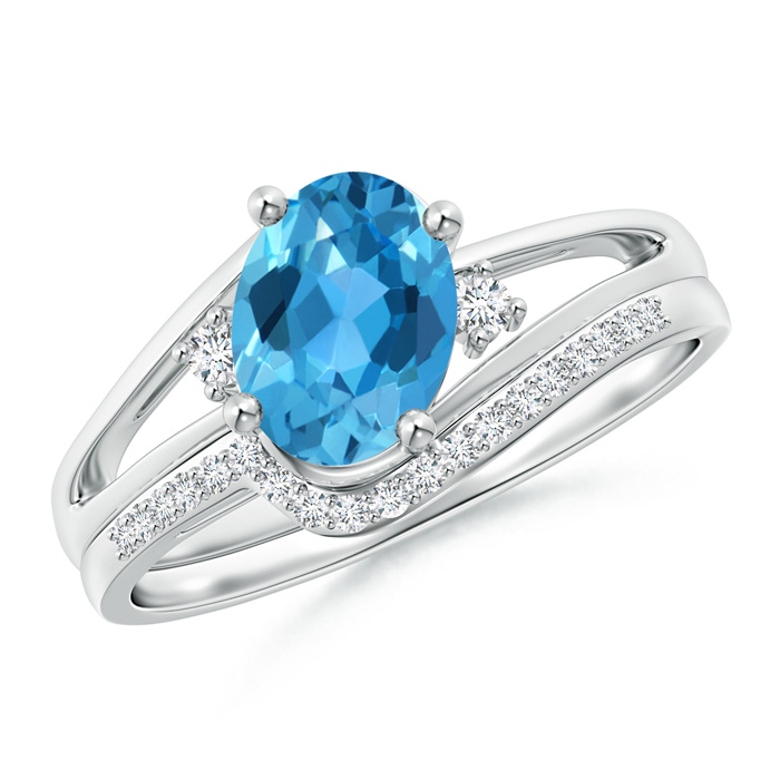 8x6mm AAA Oval Swiss Blue Topaz and Diamond Wedding Band Ring Set in P950 Platinum 