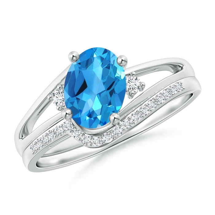8x6mm AAAA Oval Swiss Blue Topaz and Diamond Wedding Band Ring Set in White Gold 
