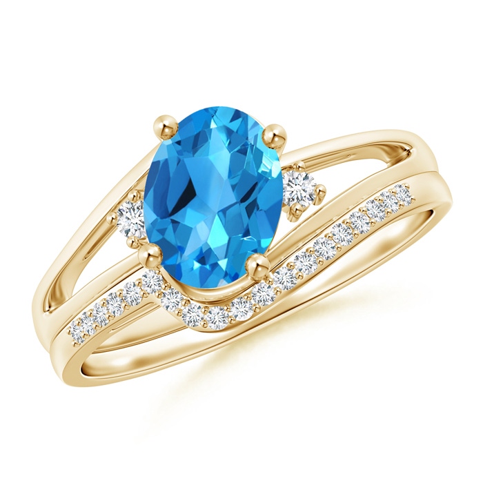 8x6mm AAAA Oval Swiss Blue Topaz and Diamond Wedding Band Ring Set in Yellow Gold 
