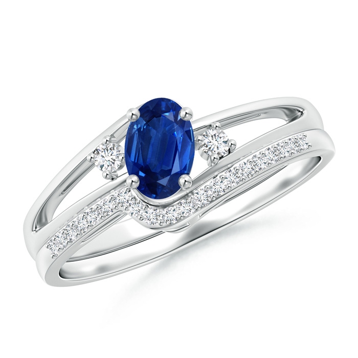 6x4mm AAA Oval Blue Sapphire and Diamond Wedding Band Ring Set in White Gold 