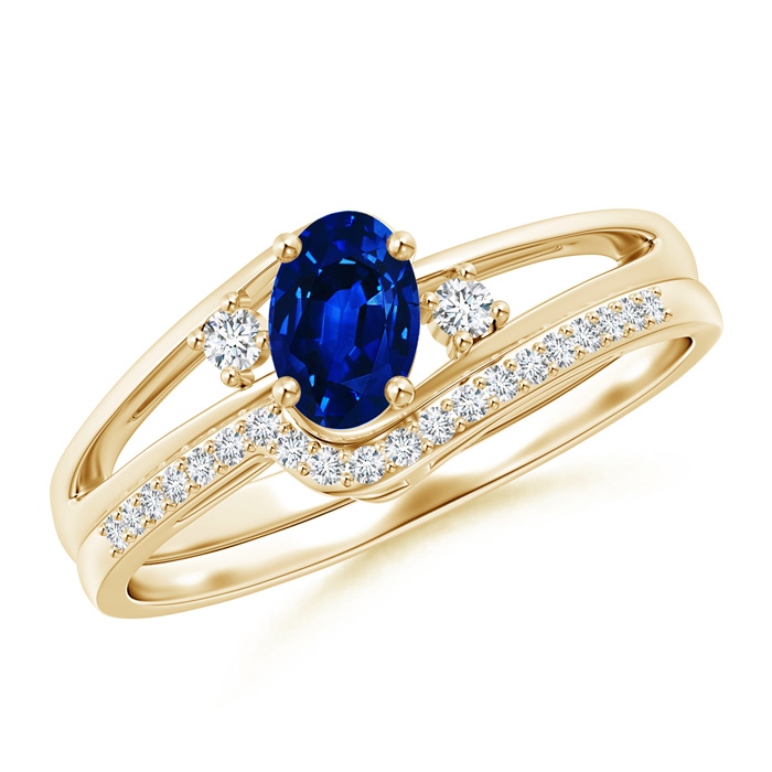 6x4mm AAAA Oval Blue Sapphire and Diamond Wedding Band Ring Set in Yellow Gold 