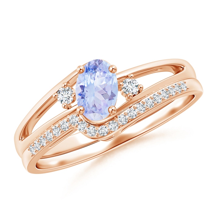 6x4mm A Oval Tanzanite and Diamond Wedding Band Ring Set in Rose Gold 