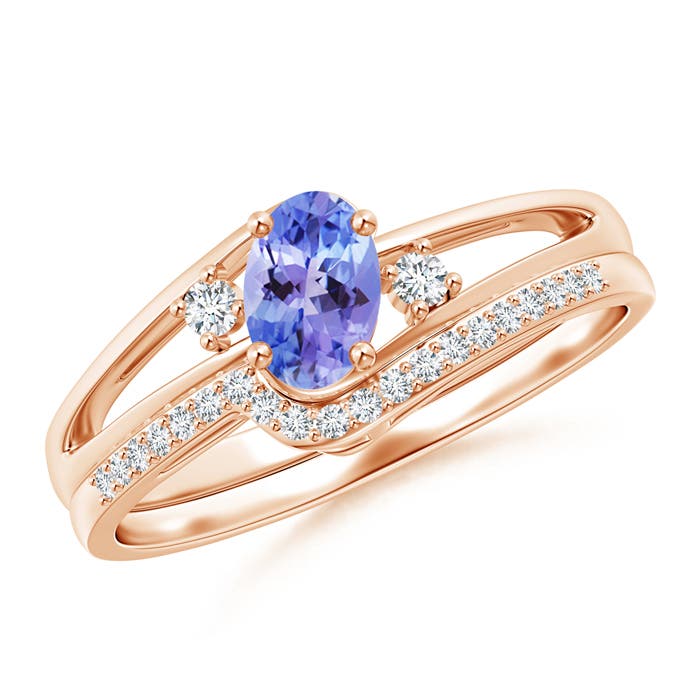 6x4mm AAA Oval Tanzanite and Diamond Wedding Band Ring Set in Rose Gold