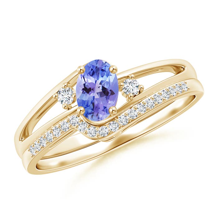 6x4mm AAA Oval Tanzanite and Diamond Wedding Band Ring Set in Yellow Gold