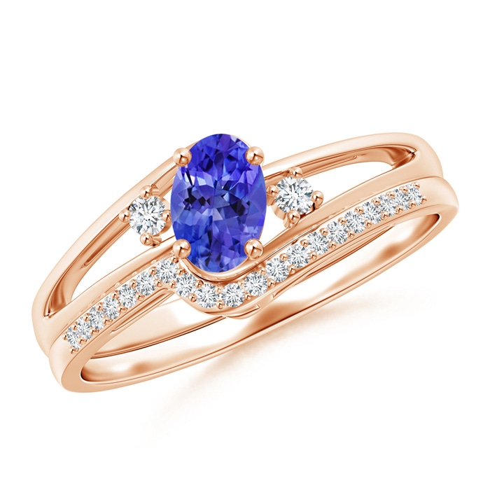 6x4mm AAAA Oval Tanzanite and Diamond Wedding Band Ring Set in Rose Gold 