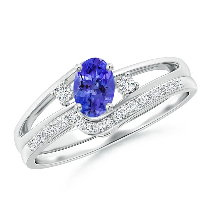 6x4mm AAAA Oval Tanzanite and Diamond Wedding Band Ring Set in White Gold