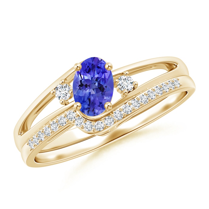 6x4mm AAAA Oval Tanzanite and Diamond Wedding Band Ring Set in Yellow Gold 