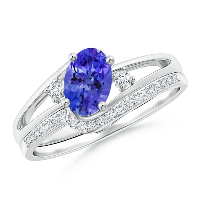 7x5mm AAA Oval Tanzanite and Diamond Wedding Band Ring Set in White Gold