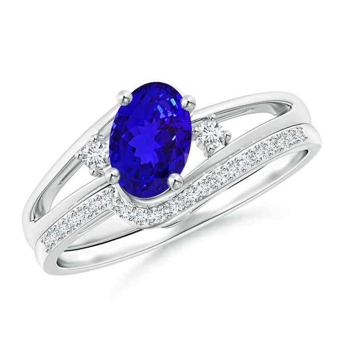 7x5mm AAAA Oval Tanzanite and Diamond Wedding Band Ring Set in White Gold