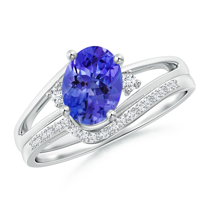 8x6mm AAA Oval Tanzanite and Diamond Wedding Band Ring Set in White Gold 