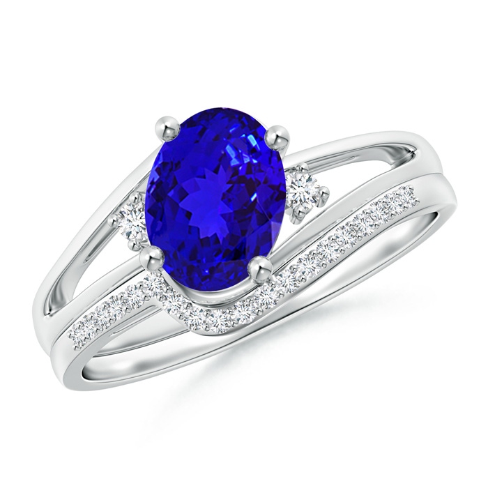 8x6mm AAAA Oval Tanzanite and Diamond Wedding Band Ring Set in White Gold 