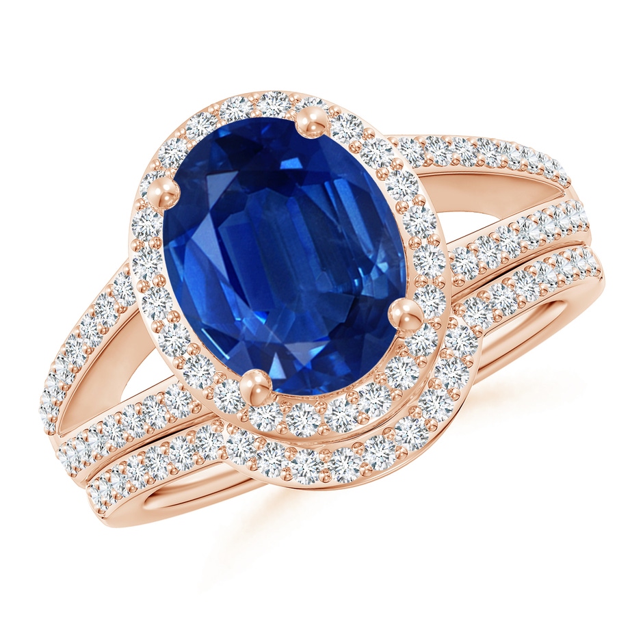 10x8mm AAA Sapphire and Diamond Split Shank Bridal Set in Rose Gold 