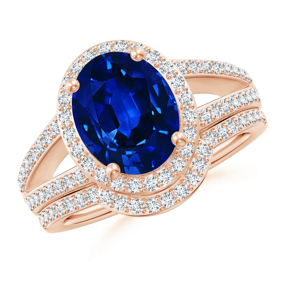 10x8mm AAAA Sapphire and Diamond Split Shank Bridal Set in Rose Gold 