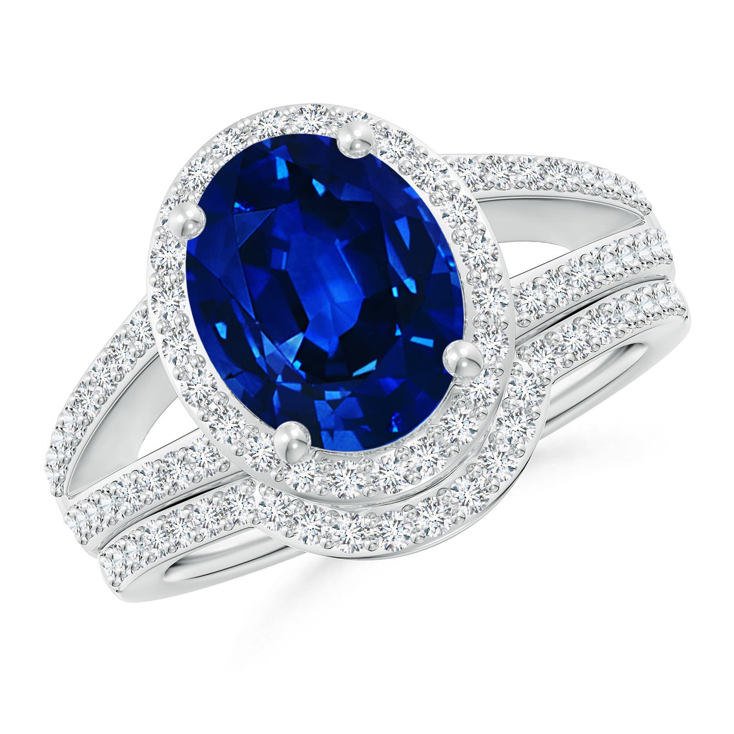 10x8mm AAAA Sapphire and Diamond Split Shank Bridal Set in White Gold