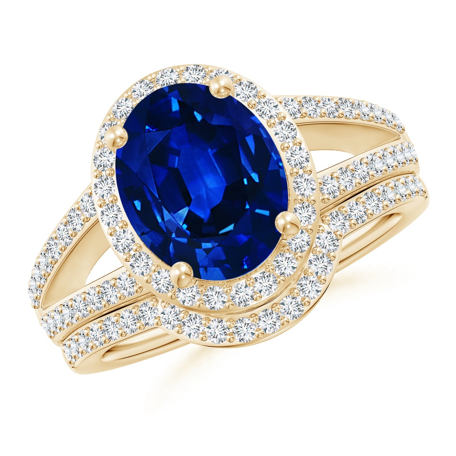 10x8mm AAAA Sapphire and Diamond Split Shank Bridal Set in Yellow Gold 