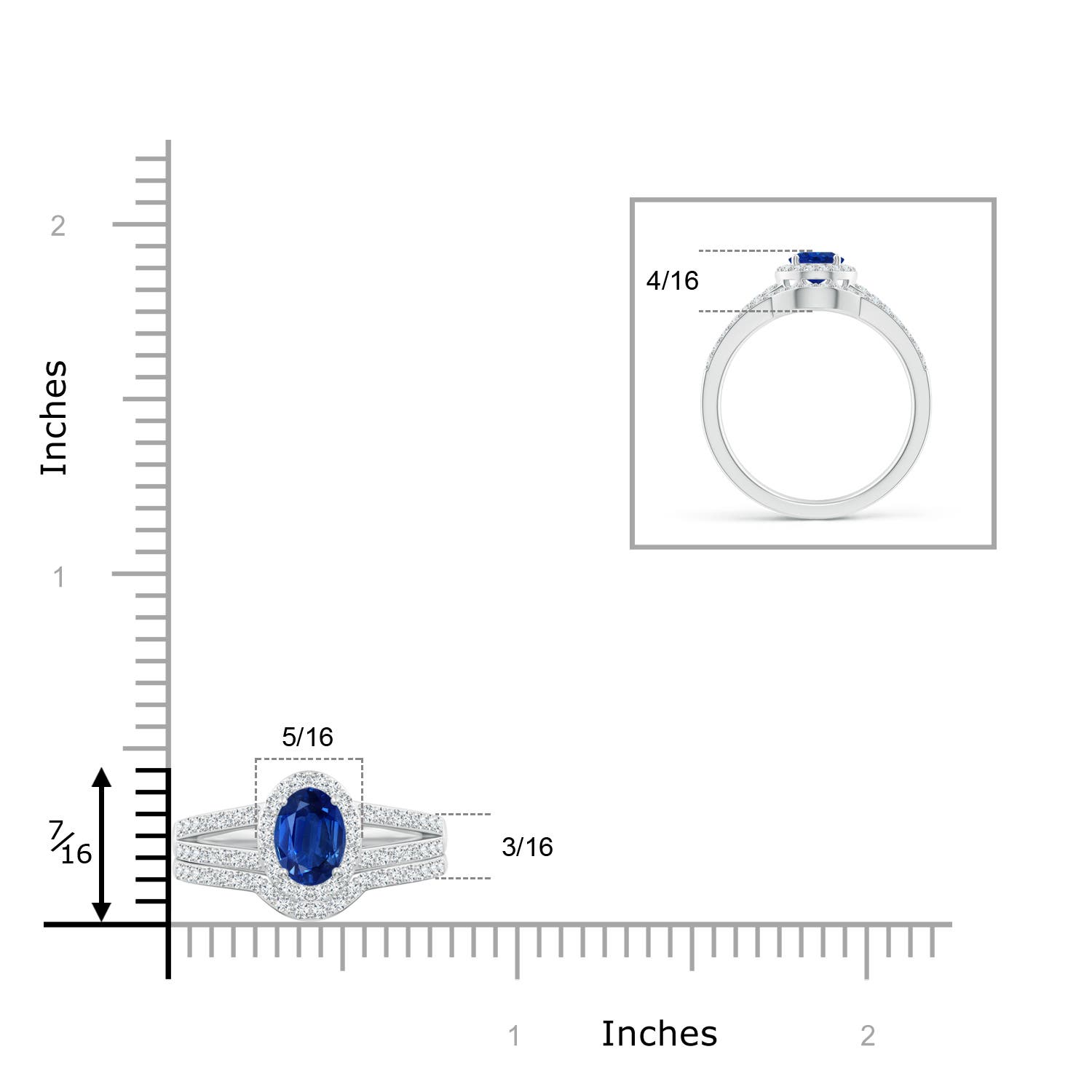 7x5mm AAA Sapphire and Diamond Split Shank Bridal Set in White Gold - ruler