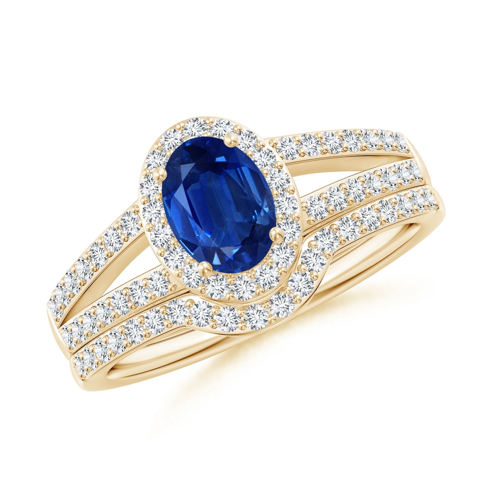 7x5mm AAA Sapphire and Diamond Split Shank Bridal Set in Yellow Gold 