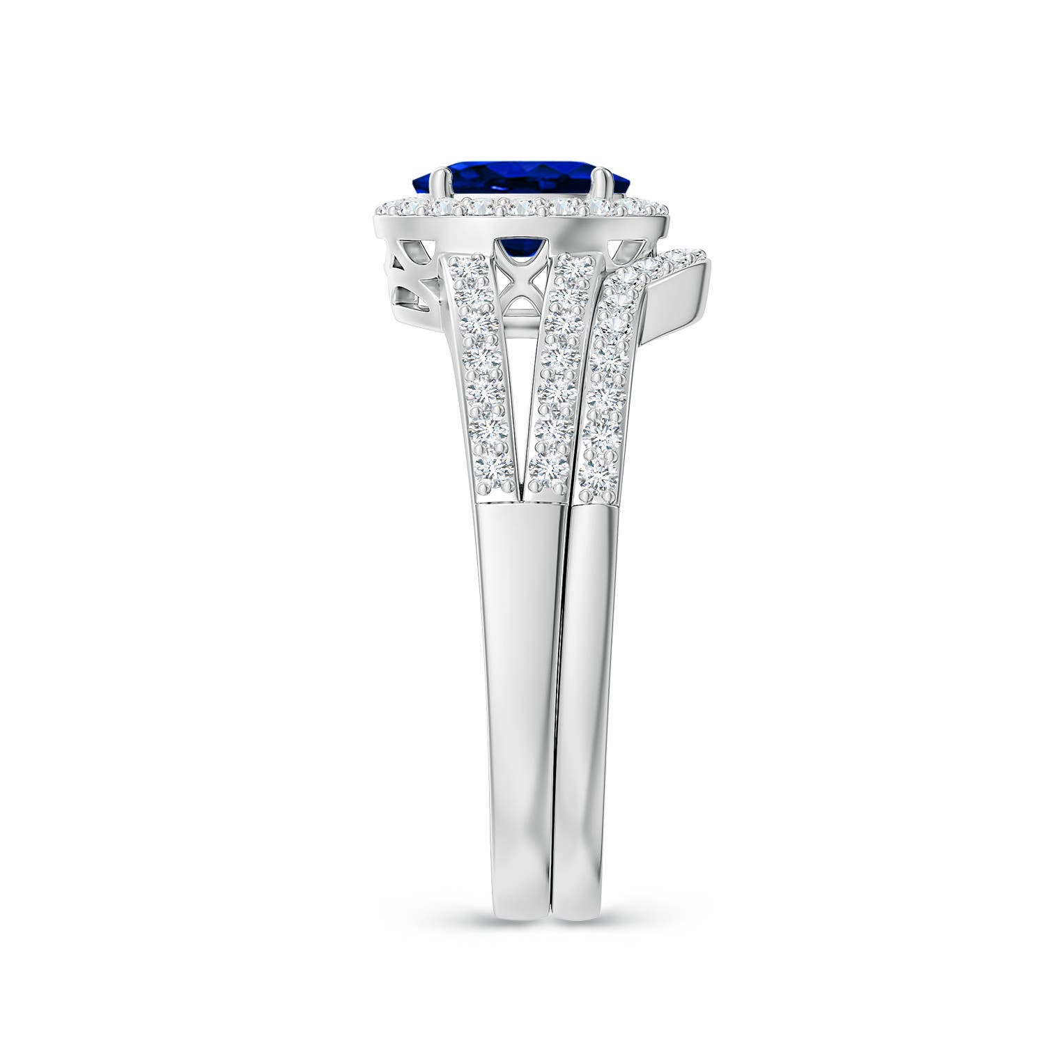 7x5mm AAAA Sapphire and Diamond Split Shank Bridal Set in White Gold - side 2