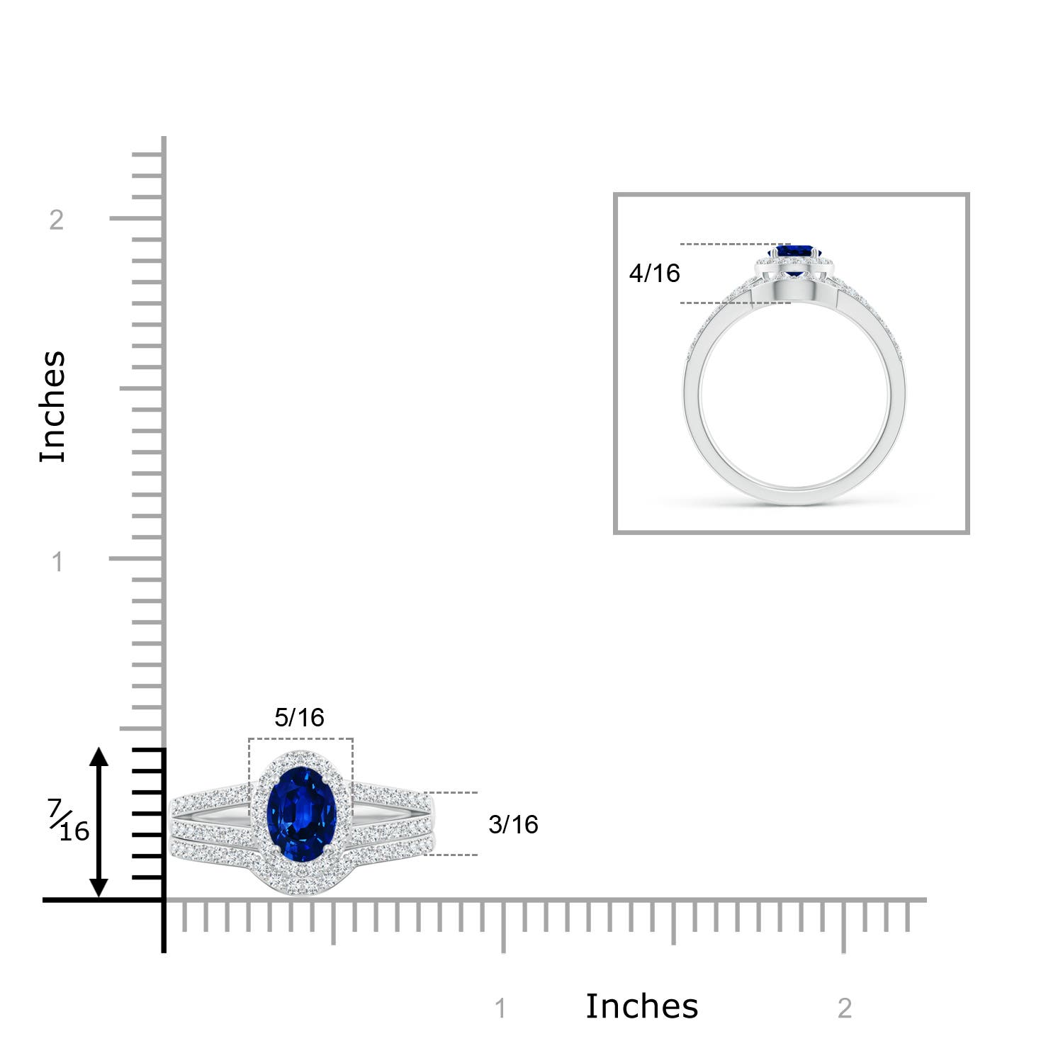 7x5mm AAAA Sapphire and Diamond Split Shank Bridal Set in White Gold - ruler