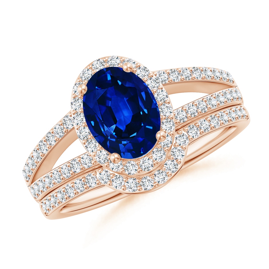 8x6mm AAAA Sapphire and Diamond Split Shank Bridal Set in Rose Gold 