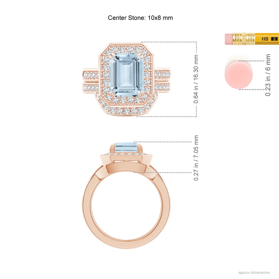 10x8mm A Emerald Cut Aquamarine Bridal Ring Set with Diamond Ring in Rose Gold ruler