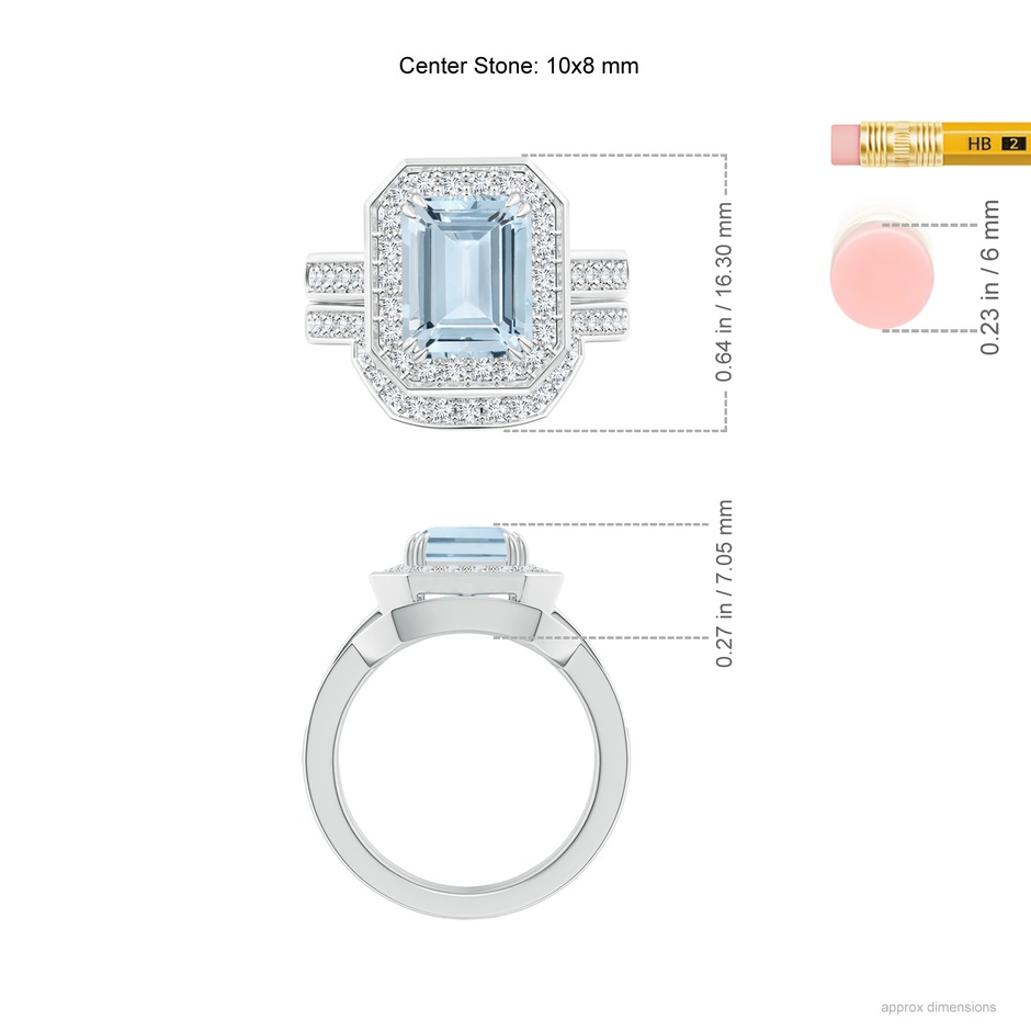 10x8mm A Emerald Cut Aquamarine Bridal Ring Set with Diamond Ring in White Gold ruler