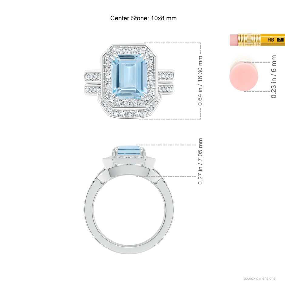 10x8mm AA Emerald Cut Aquamarine Bridal Ring Set with Diamond Ring in P950 Platinum ruler