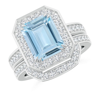 10x8mm AA Emerald Cut Aquamarine Bridal Ring Set with Diamond Band in White Gold