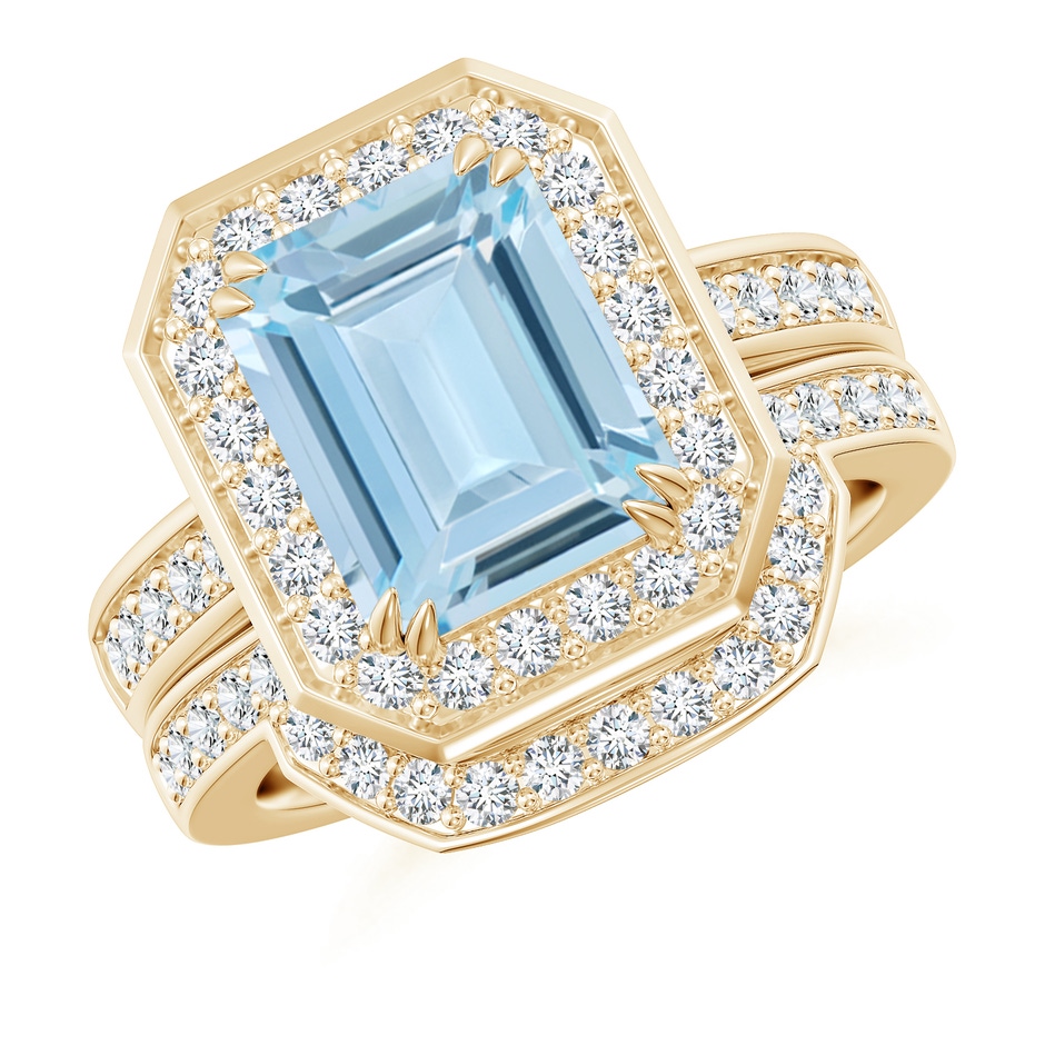 10x8mm AA Emerald Cut Aquamarine Bridal Ring Set with Diamond Ring in Yellow Gold 