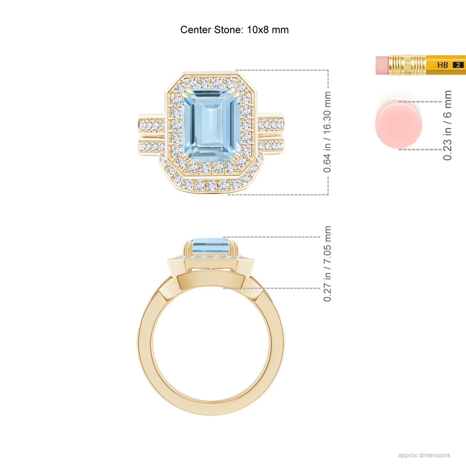 10x8mm AA Emerald Cut Aquamarine Bridal Ring Set with Diamond Ring in Yellow Gold ruler