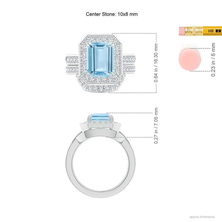 10x8mm AAA Emerald Cut Aquamarine Bridal Ring Set with Diamond Ring in P950 Platinum ruler