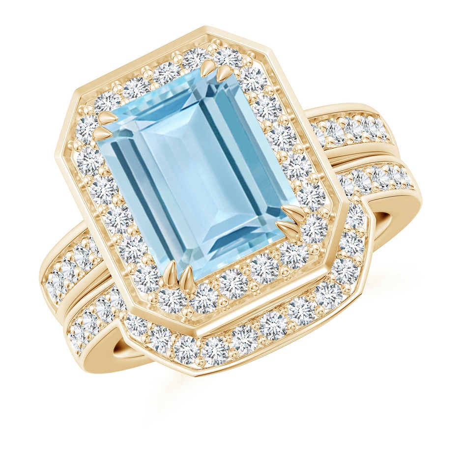 10x8mm AAA Emerald Cut Aquamarine Bridal Ring Set with Diamond Ring in Yellow Gold 
