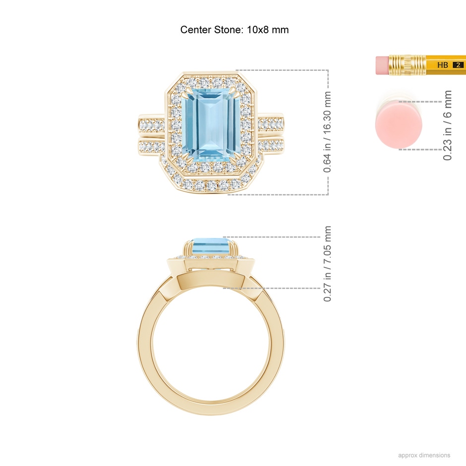 10x8mm AAA Emerald Cut Aquamarine Bridal Ring Set with Diamond Ring in Yellow Gold ruler