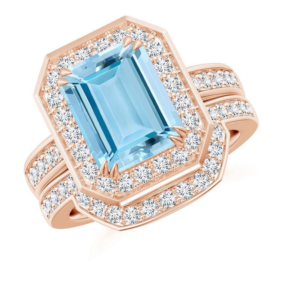 10x8mm AAAA Emerald Cut Aquamarine Bridal Ring Set with Diamond Ring in 18K Rose Gold 