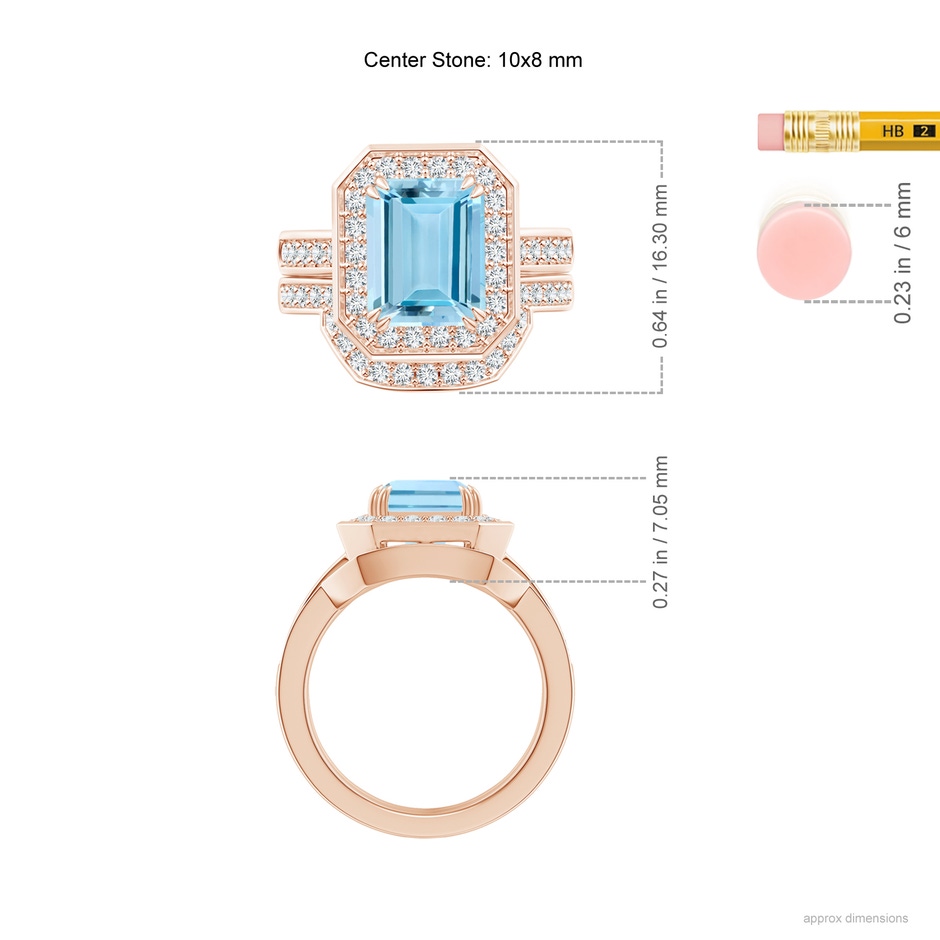 10x8mm AAAA Emerald Cut Aquamarine Bridal Ring Set with Diamond Ring in 18K Rose Gold ruler