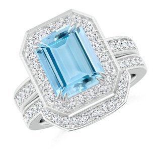 10x8mm AAAA Emerald Cut Aquamarine Bridal Ring Set with Diamond Band in P950 Platinum